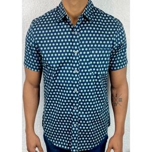 SQ WEAR • Blue/Green Lime Print Button-Down Short Sleeve Shirt